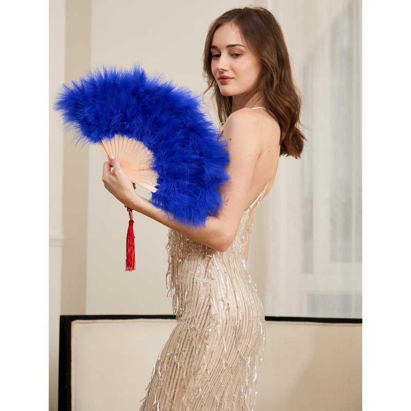 Happy Feather Handheld Marabou Feather Fan, 1920s Vintage Style Flapper Hand Fan for Costume Party and Dancing-Royal Blue - Image 2